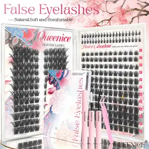 Lash Clusters for Eyelash Extension, Cat Eye, Natural, Dense Mixed-Style, with Glue, Tweezers, D-Curl Wispy, Fluffy Manga False Eyelashes