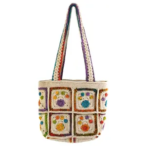 Boho Handmade Crochet Tote Bag with Colorful Granny Squares Knitted Shoulder Bag for Women Lightweight Artisan Purse for Beach Daily Use Shopping Gifts