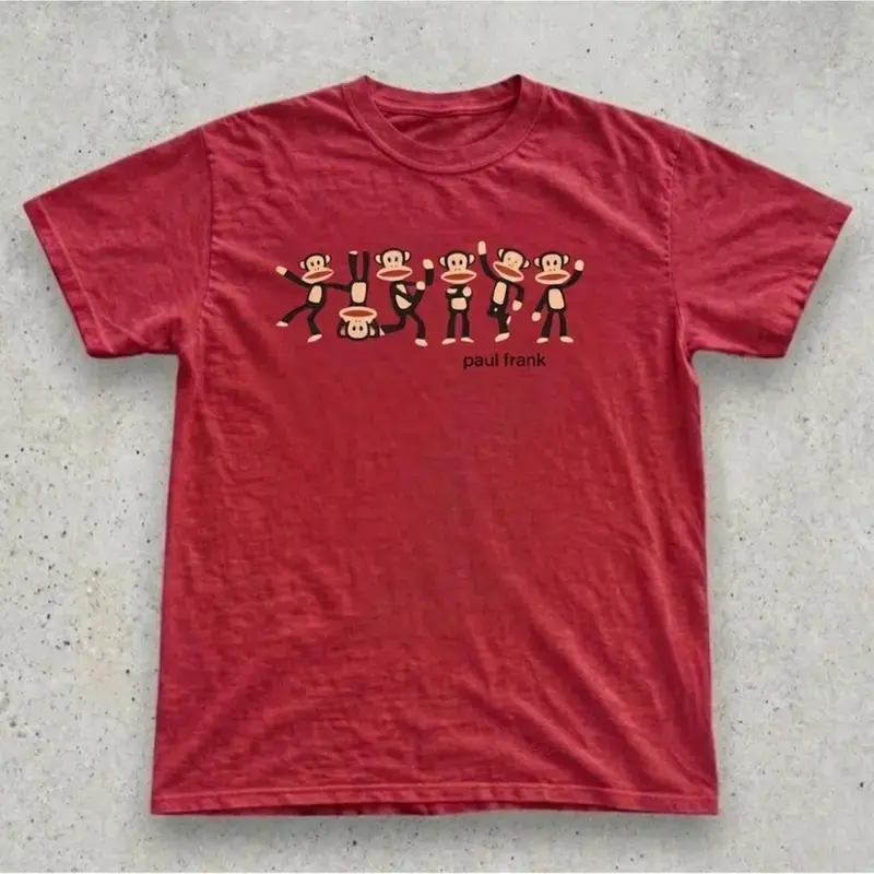 Paul Frank red monkey cotton graphic t-shirt, Unisex Vintage Graphic Tees Gothic Grunge Y2k Emo Scene Amity Affliction Style Clothes