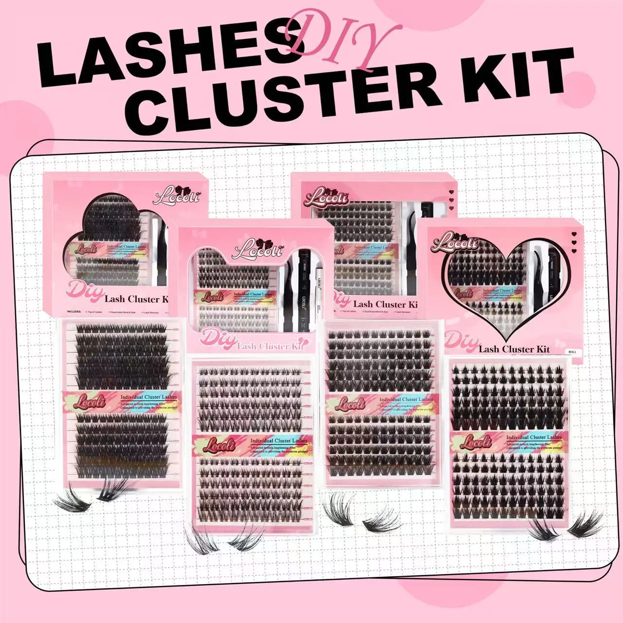 LOCOLI Cosmetic DIY Lash Kit Bundle - Beginner-Friendly Adult Self-Grafting Eyelash Extensions Set with Cartoon & Nature-Inspired Fluffy Cat/Coco/Fox Lashes, Tweezers, Glue, Waterproof Remover