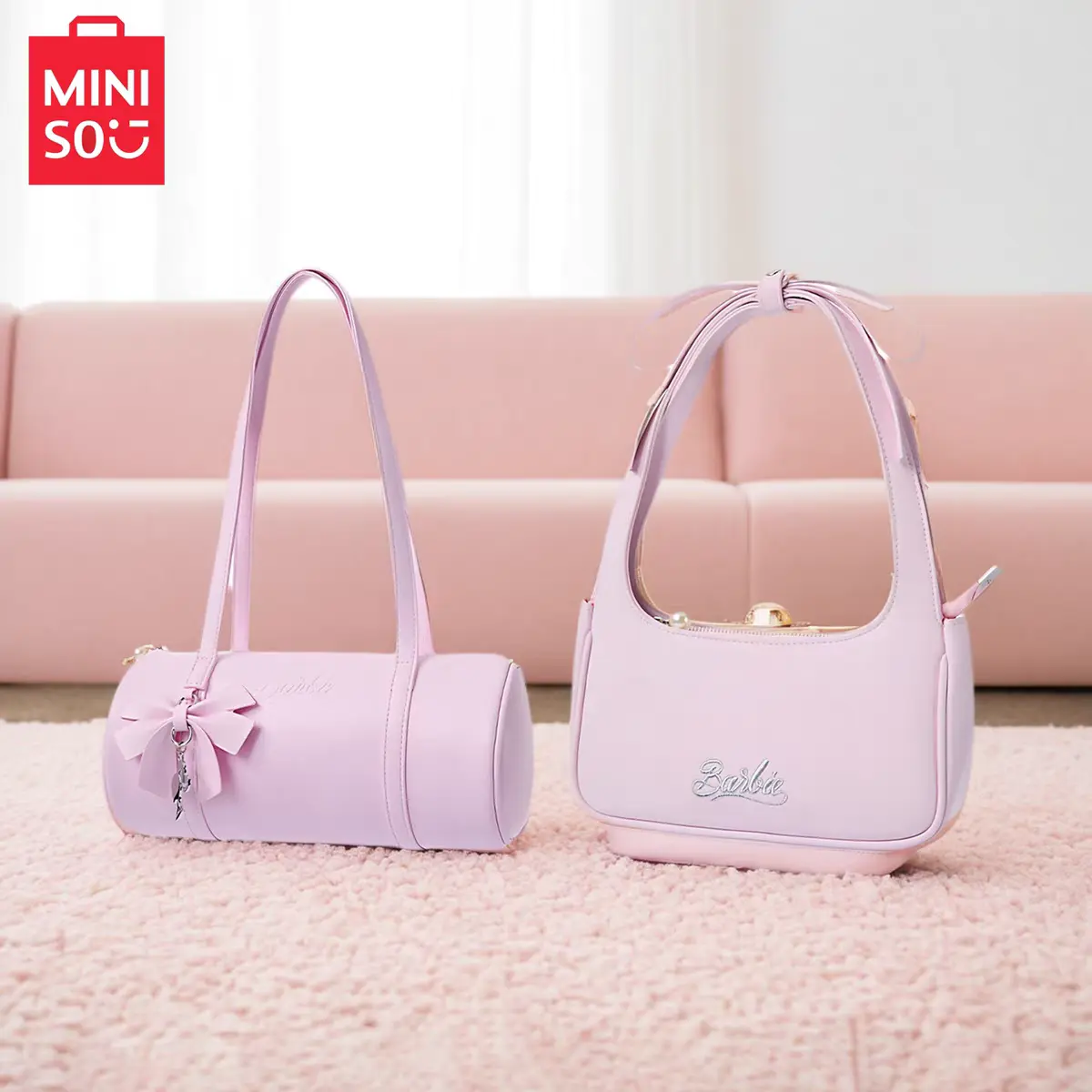 Miniso Pink Princess Elegant Crossbody Bag, Luxury Cylinder & Bowler Handbag for Women, Versatile Everyday Purse for Parties & Holiday Gifting