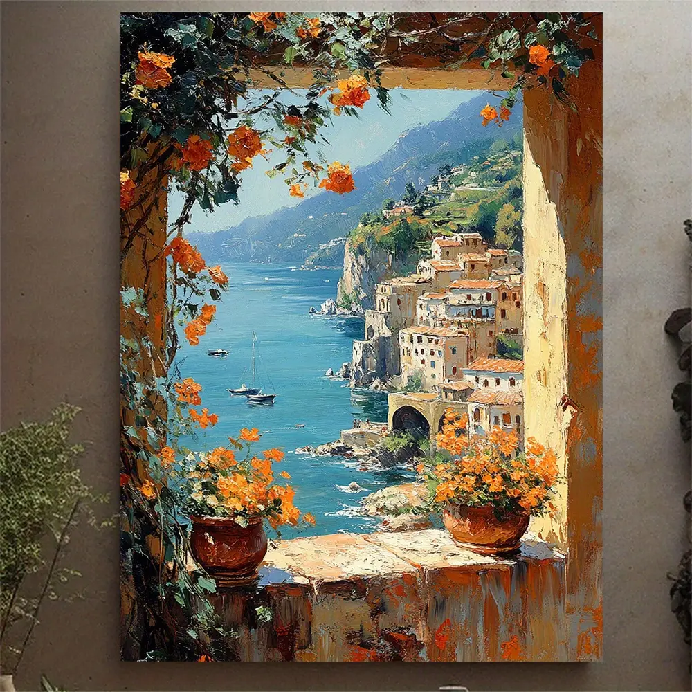 1 Piece Mediterranean Window View Canvas Art -  Amalfi Coast Oil Painting, Italian Seaside Wall Decoration, Tuscan Landscape Print with Wooden Frame, Nautical Decoration Unique Gift Idea