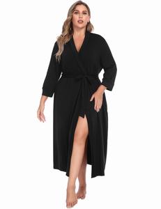 Women's Plus Size Minimalist Polyester Knit Bathrobe Gown - Basic V-Neck Long Sleeve Soft Fabric Loungewear with Adjustable Strap, Pockets, Curvy Fit for Party, Elegant Comfortable Sleepwear (1X-5X)