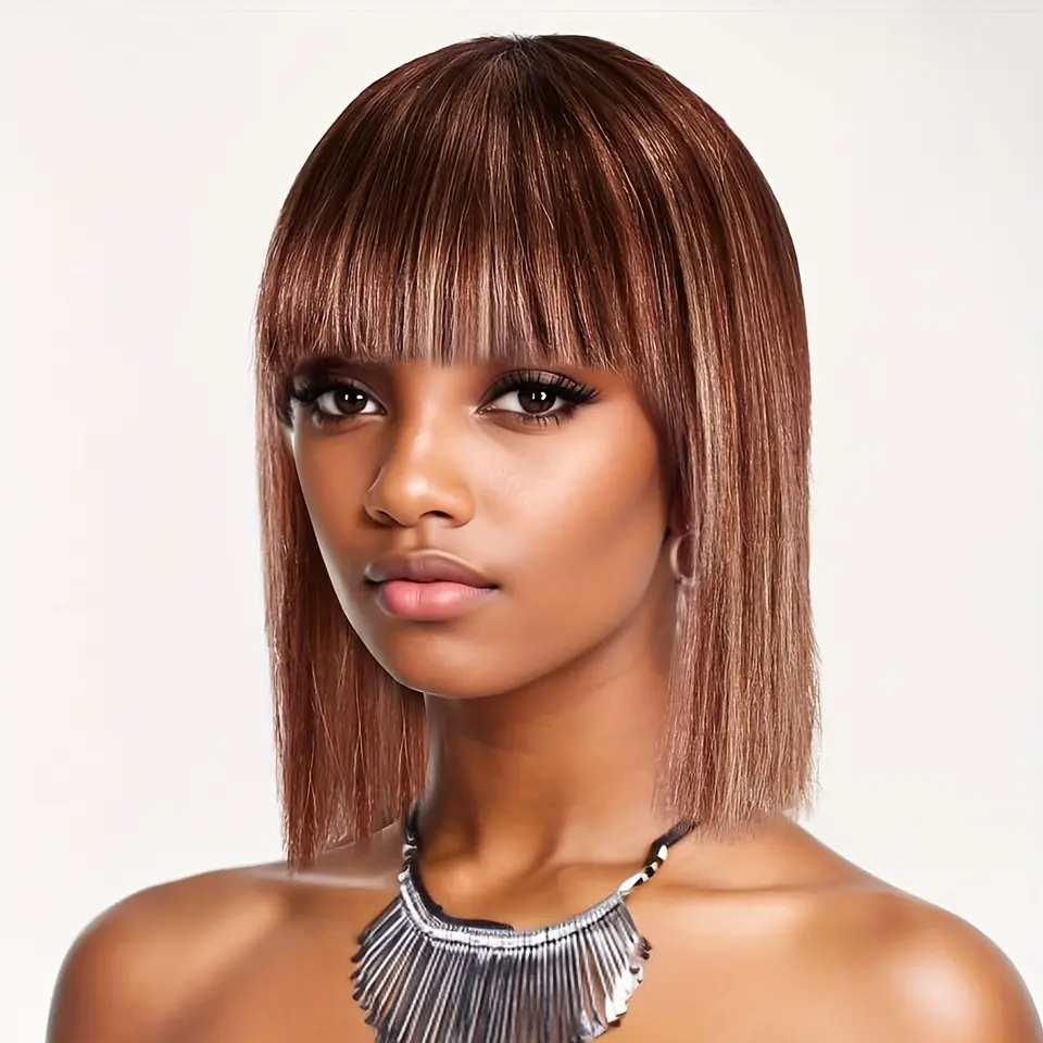 New 2025 Arrivals Brazilian Human Hair Short Bob Wig with Bangs - Ombre Brown to Blonde Highlights, 130% Density Glueless Machine-Made Straight Wig for Women, 10 Inch Natural Look & Versatile Style, Hair Wig