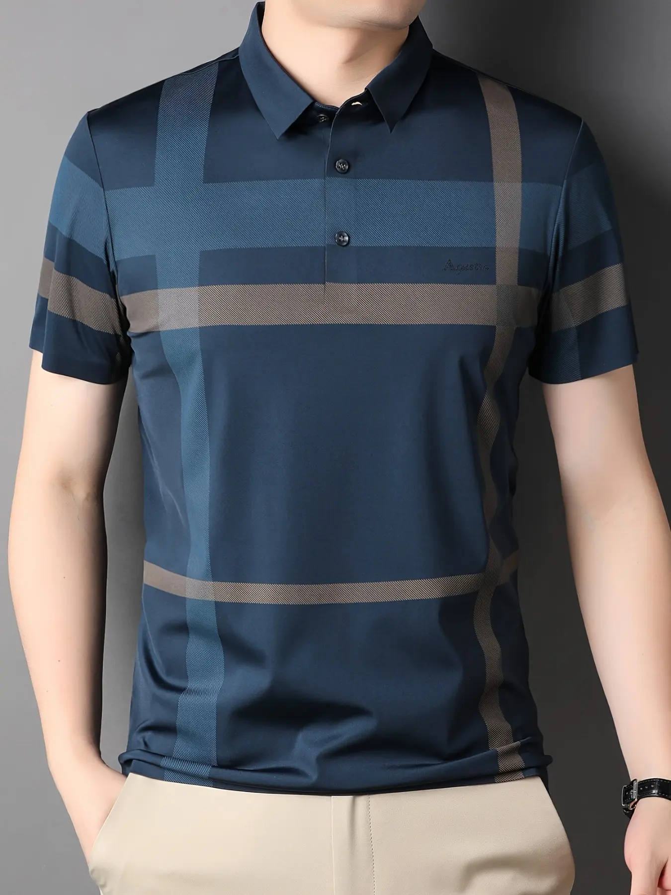 Summer new men's short-sleeved T-shirt with checked collar and short sleeves