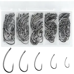 200 count Barbless Fishing Hooks Kit Carp Fishing Fly Tying Hooks Circle  Shank Barbless Live  Carp Hair Rig Trout Freshwater Saltwater
