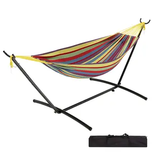Double Hammock with Heavy Duty Steel Stand, 500 lbs Capacity, Portable & Space-Saving with Carry Bag, Classic Design for Outdoor Patio Garden Yard Use, Cotton Blend