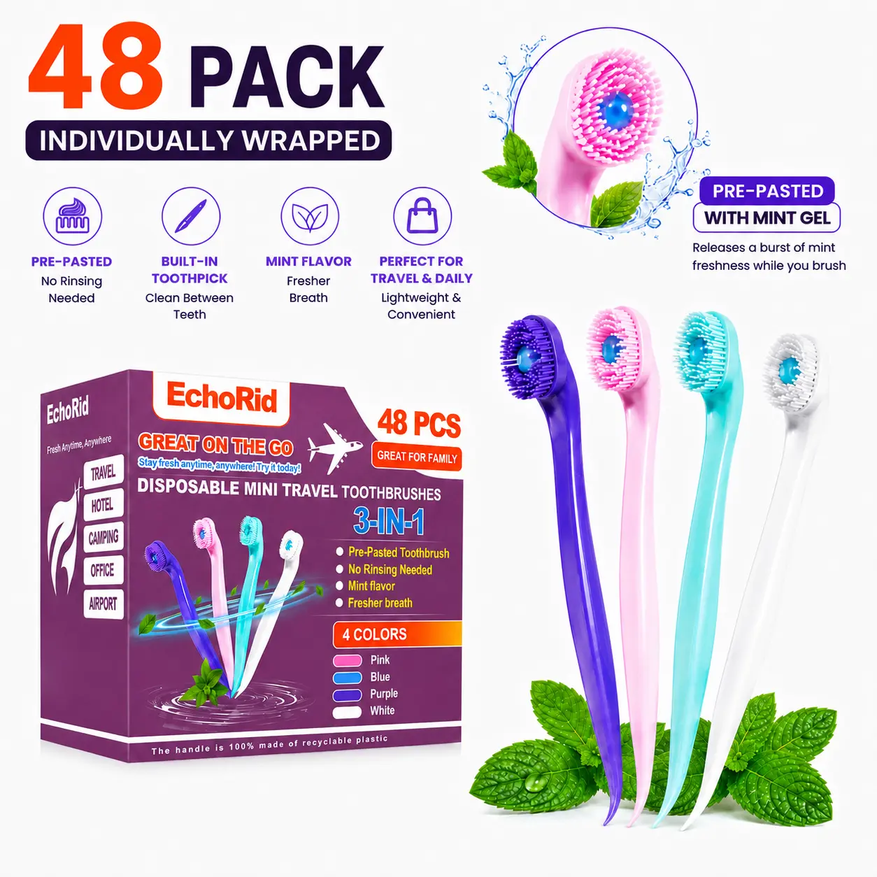 ECHORID 48 Pack Individually Wrapped Pre-Pasted Disposable Soft Toothbrushes with Toothpaste - 3-in-1 Compact Lightweight Gentle Mint Oral Care, Built-In Pick, Gum-Friendly, Portable for Camping Trips, Open & Brush