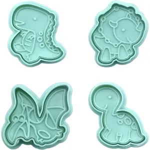 4 Pack Dinosaur Cookies  Mold  Biscuit Embossing Mould Fondant Cakes Cutters  Crackers Spring  Plunger  DIY Dino Forms for Sugar Pastry Cake Kitchen Tools (Green)
