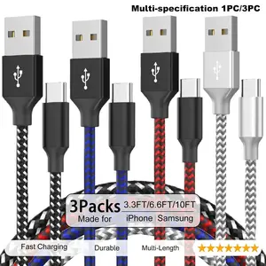 USB Type C Charger Cable [3-Pack 3.3/6/6/10FT] Nylon Braided Durable USB A to USB C Fast Charging Cord Compatible with iPhone17 16 15 Pro Max Galaxy S25 S24 S23 S22 S21 S20 S10, Android Cell Phones, Smartphone and More