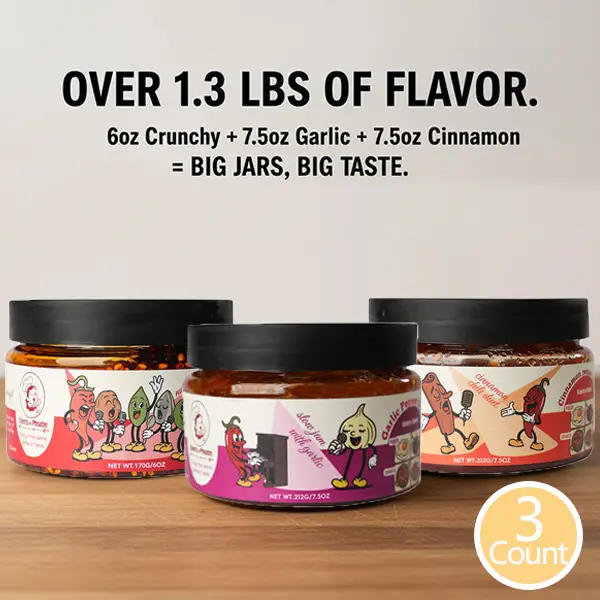 Variety Pack, 3-Count (Crunchy Chili Oil, Garlic Pepper, Sweet Cinnamon) Extra Hot Sauce Variety Pack, Product of Mexico, Gift Set Includes three 7.5 Fl Oz Signature Hot Sauces for Eggs, Pizza, Mexican Dishes, and More, 21 fl oz wontons  in  chili  oil mi