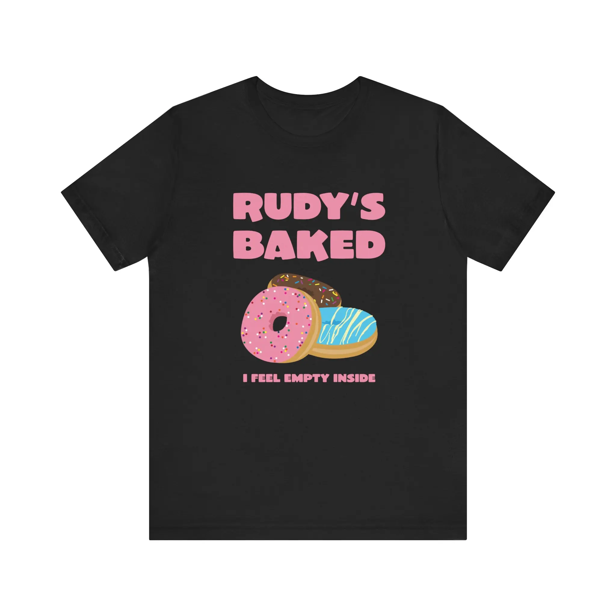 Rudy's Baked - Donut Trio Black Graphic Tee, Playful Food Puns