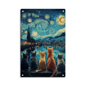 Four Cats Starry Night Van Gogh Style Vintage Cat Metal Sign Print Aesthetic Room Decoration for Home Bedroom Kitchen Bar Dorm Bathroom Wall Decor 8 X 12 Inch