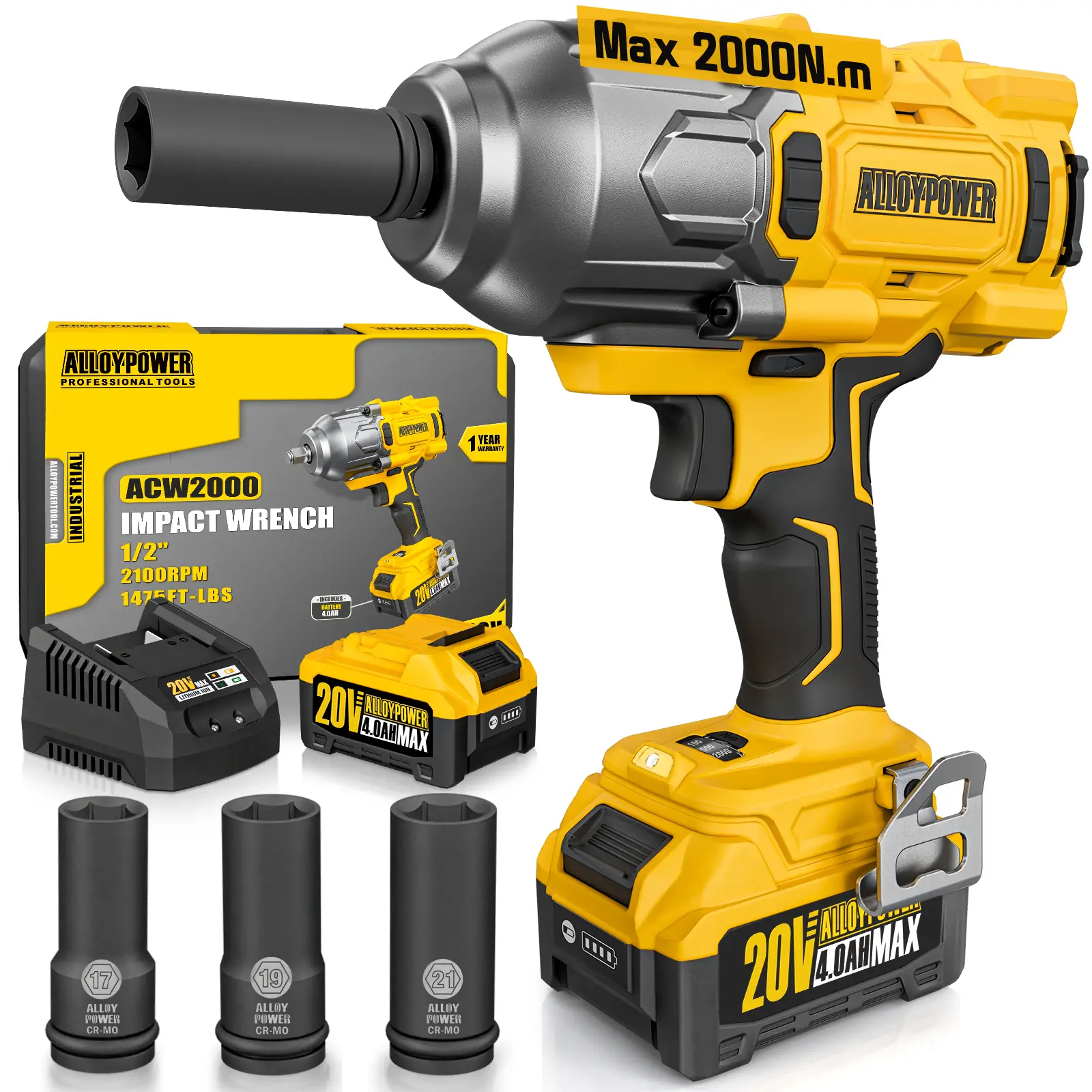 Cordless Brushless Impact Wrench, 1475 ft-lbs (2000N.m), 1/2 High Torque power impact gun, 3-Mode Speed, 4000mAh Battery, 3 Sockets, Electric Impact W