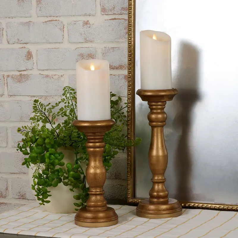 Home Reflections S/2 9" & 12" Pine & Wood Candle Holders