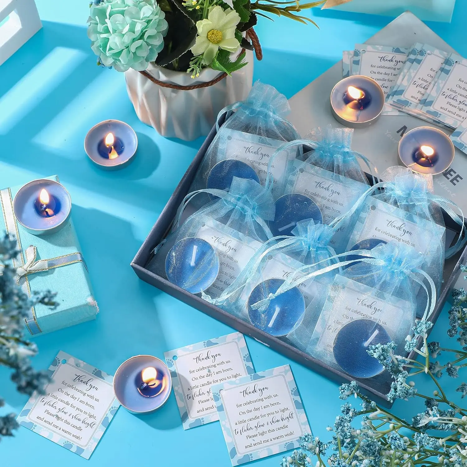 50-Piece Newborn Blue Gender Reveal Baby Shower Party Pack Gift Kit - Lightweight Unscented Wax Tea Lights, 2.76x3.54in Organza Goody Bag Stuffers, 1.97x1.97in Long-Lasting Festive Loot Pack Party Supply Cards, Shower Favors