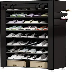 UDEAR 9 Tier Shoe Rack with Dustproof Cover Shelf Storage Organizer Black