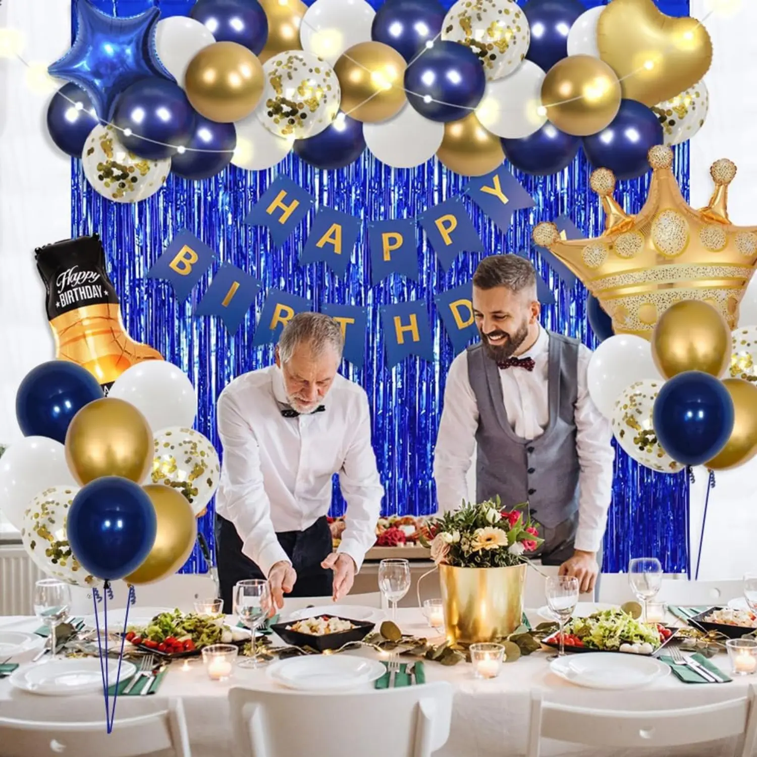 Navy Blue Gold Plastic-Latex Balloon Arch Garland Kit (3.3Ft * 6.6Ft) - Royal Blue, White, Shiny Metallic Gold Confetti, Heart Balloons, LED Lights, Straw, Ribbon for 30th Birthday, Gentleman's Shower (Home Improvement Banners)