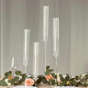 Set of 4 Acrylic Taper Candlestick Holders, Clear Tall Chimney Tube Candle Shades Hurricane Candle Stands 14", 18", 22", 26"
