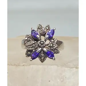 Amethyst ring size 6.25 flower marcasite art deco style sterling silver women