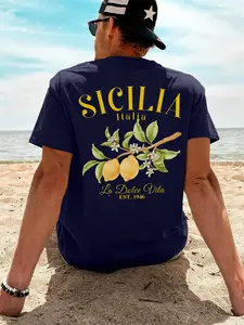 Short Sleeve Casual Style Summer Sicily Italia Lemon Branch Pattern Daily Vacation Men's 100% Cotton T-Shirt