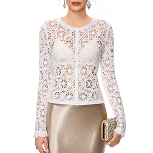 FAIRY SEASON Luminous Whisper Collection Women's Long Sleeve Luxe Crochet Cardigan - Golden Thread, Vintage Openwork Knitting, Satin-Wool Fabric, Bridal & Summer Event Elegant Feminine Top