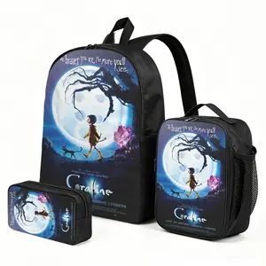 Coraline Trending Cartoon Print Backpack 3-Piece Set | Cute Bookbag for Boys Girls|  Kids Lunch Box and Pen Pouch Combo Gift