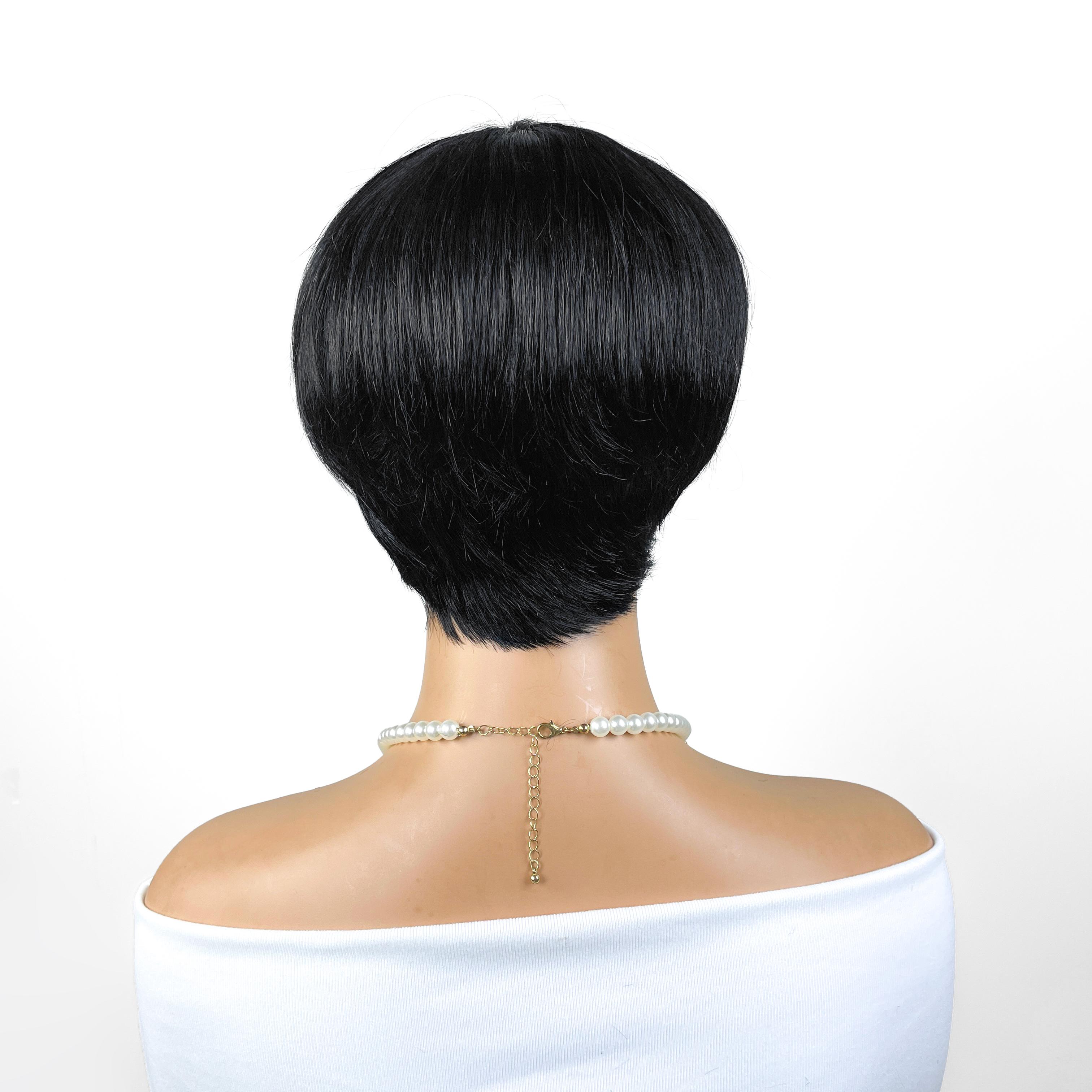 OPQHAIR Chic 6-Inch Black Pixie Cut Straight Wig with Bangs Rose Mesh Hat, Easy To Wear, Suitable For Daily Wear Women' Glueless Short Pixie Wig