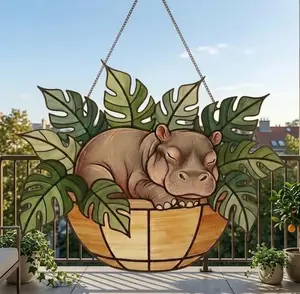 Sleeping Hippo Monstera Pot Suncatcher, Jungle Animal Window Hanging, Tropical Décor
