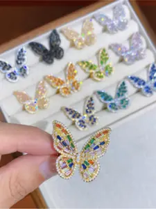 Copper inlaid zircon personalized colorful butterfly ring with adjustable size ins cute butterfly opening ring