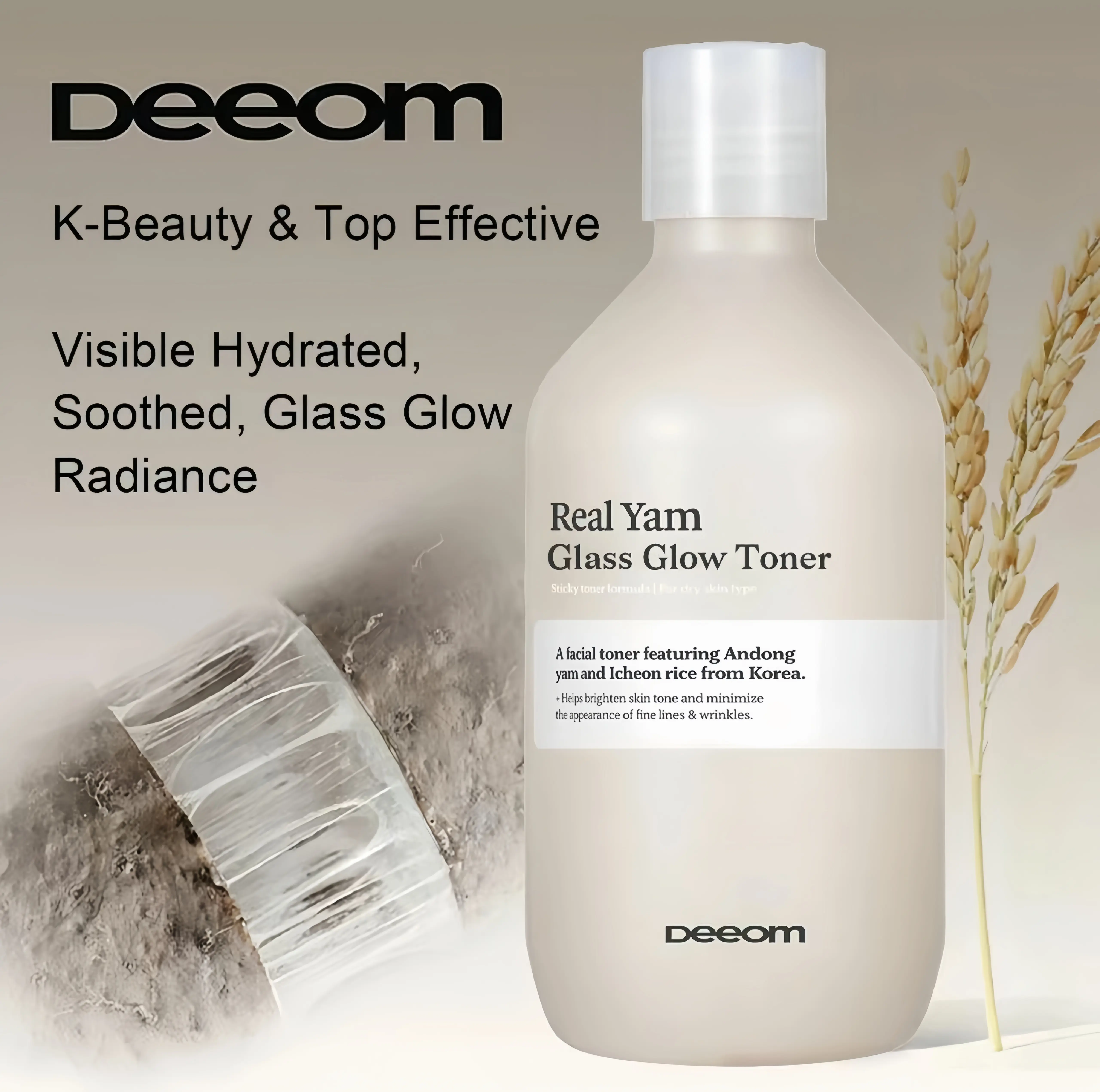 DEEOM Real Yam Glass Glow Toner – Korean Skincare Essence with Andong Yam & Rice, Hydrating Anti-Aging Face Toner for Dry Dull Skin, Brightening Niacinamide Toner