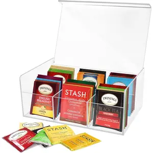 Acrylic Tea Bag Holder Storage Organizer, 6 Compartment Clear Plastic Tea Box with Lid, Multi-Purpose storage Box for Tea Bags, Office Supplies, Crafts, and Small Items.