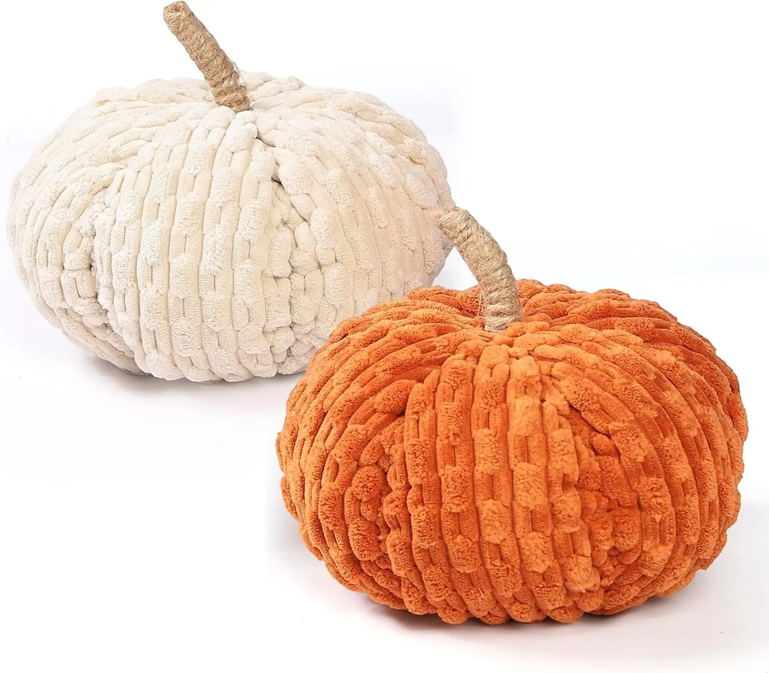2pcs Faux Pumpkins Fall Harvest Fabric Plush Pumpkin Thanksgiving Halloween Decor for Table Centerpiece Farmhouse (Beige/Orange)