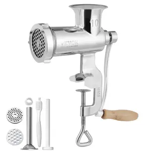 VEVOR Manual Meat Grinder, 304 Stainless Steel Hand Meat Grinder with Steel Table Clamp, Meat Mincer Sausage Maker with 1 Cutting Blade, 2 Cutting Plates, Sausage Tube for Beef Pork Pepper Mushroom Kitchen Utensils
