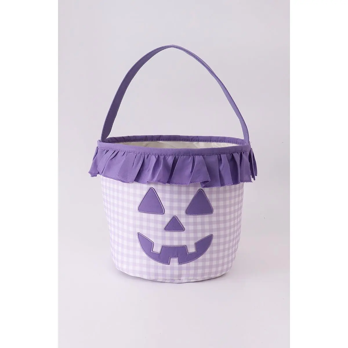 Purple Pumpkin Applique Gingham Ruffle Basket