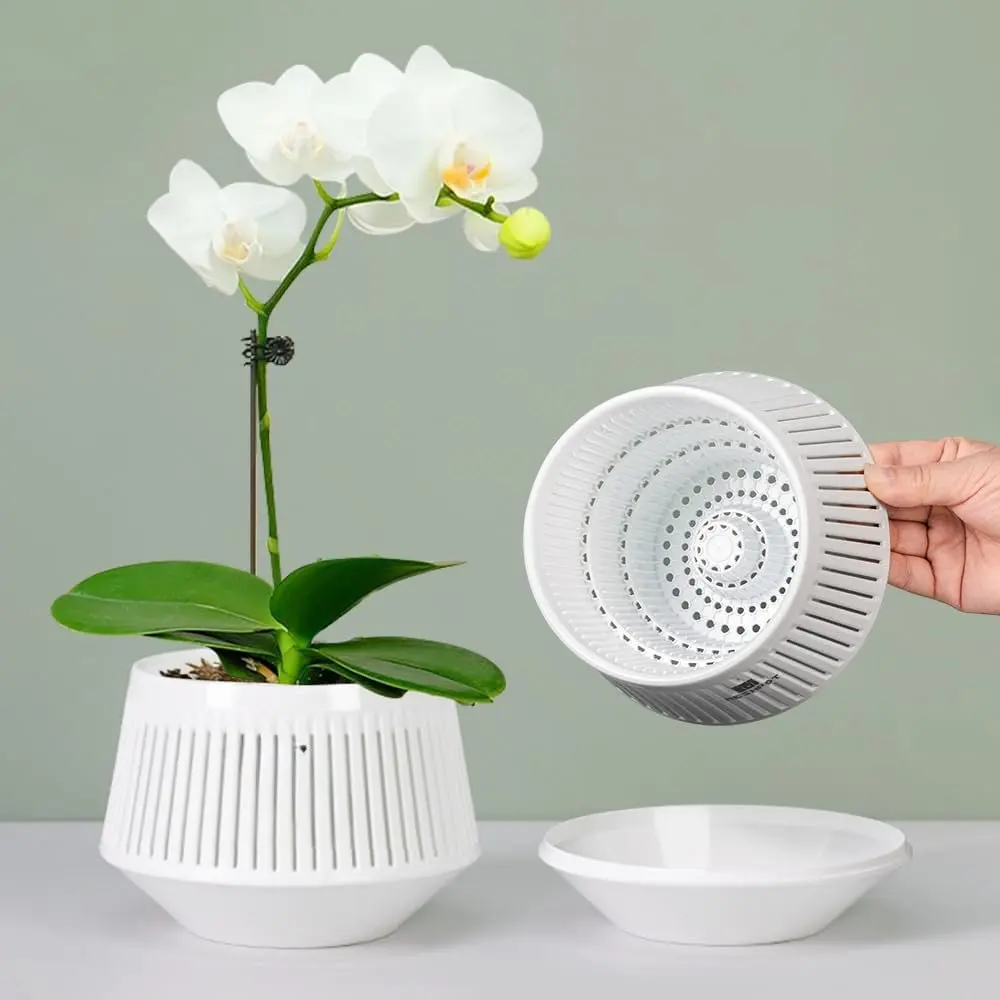 5 inch Orchid Pots with Holes for Repotting with Excellent Airflow and No Leaking, Set of 2, Decorative  Violet Pots with Air-Pruning, Plastic White Orchid Container with Saucers