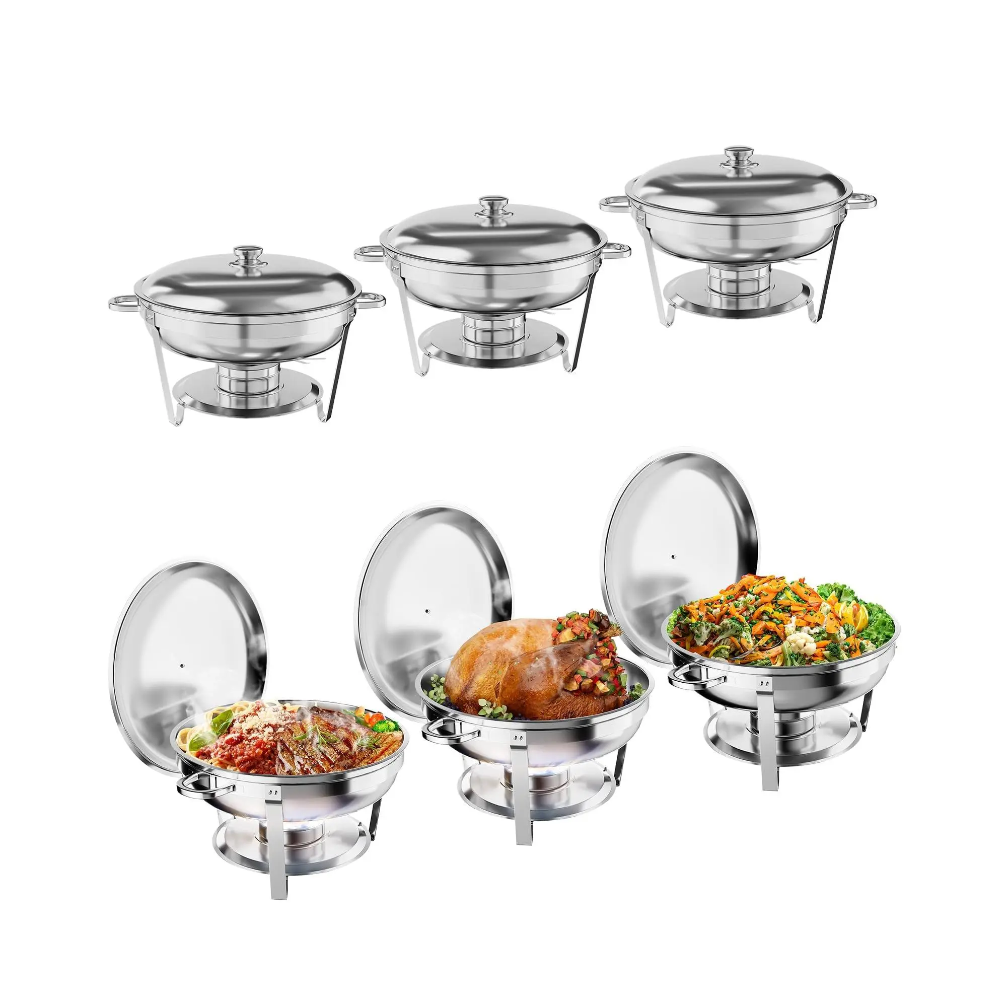 Set Of 6 Buffet Warming Plate Set, 5L Round Warming Plate Set with Lid Holder, Stainless Steel Warmers and Plates with Spoon and Tongs