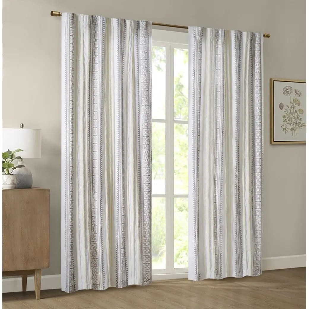 Samara Tufted Stripe Polyester Digital Print Curtain Panel - 1 Piece, 50x95x0.13in White & Brown, 360-Degree Rotatable Stand, Lined, Light-Filter, Machine Washable, Non-Chlorine Bleach Safe, Boho Farmhouse Room Decor for Bedroom, Kitchen