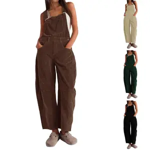JovenPara Corduroy Overalls for Women Wideleg Bib Pants Fitted Strappy Jumpsuit with Pockets Adjustable Romper Basic Casual Sleeveless Minimalist Fall Outfits Womenswear Brown