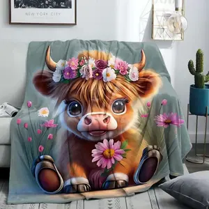 Cute Highland Cow Pattern Flannel Blanket, Soft Comfortable Throw Blanket, Flannel Cozy Blanket, Cool Bedroom Bedding Blankets, Warm Napping Blanket for Home Office Camping