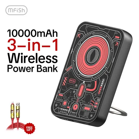 mfish E-Monster 10000mAh Lithium Battery Pack - 4-in-1 Foldable Magnetic Power Bank, 20W USB-C, Portable Fast Charging, Stand, Lightweight Mobile Charger for iPhone 17/16/15/14/13/12, Smartphones