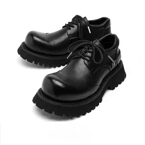 Men's Black Platform Derby Shoes with Thick Soles and Straps Retro Punk Style Chunky Casual Business Footwear for Stylish Men