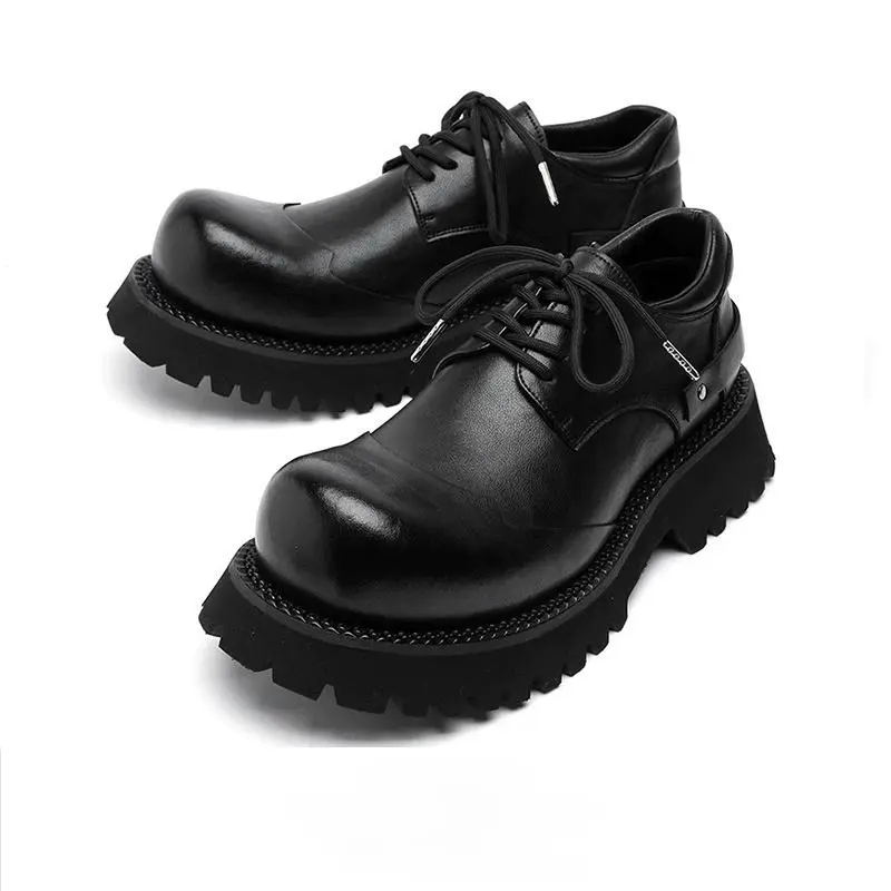 Unisex smooth full leather oversized round toe lace-up casual footwear, metal aglet rope lugs serrated lug platform sole niche street daily walking shoes