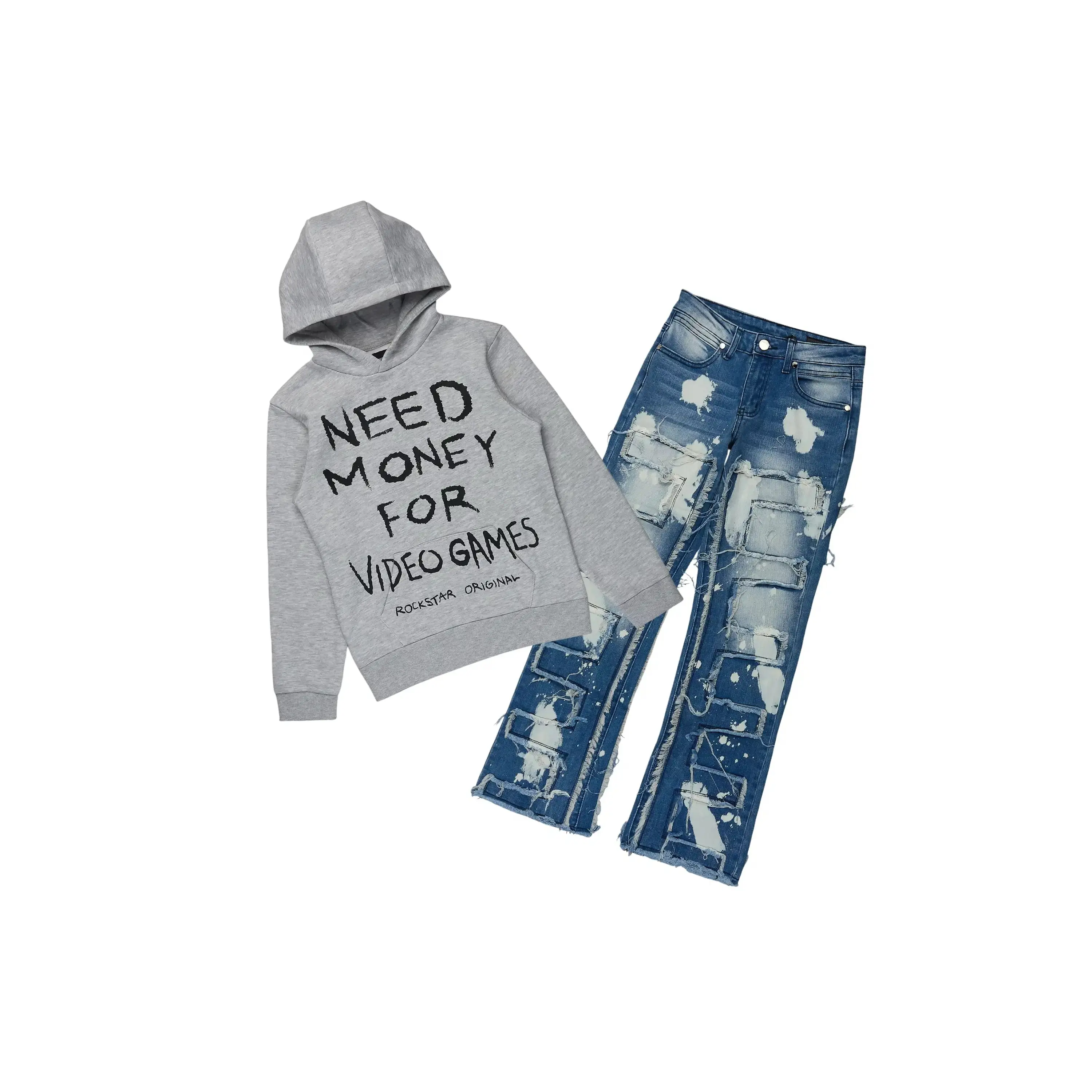 Boys M4 Video Games Grey Hoodie/Stacked Jean Set