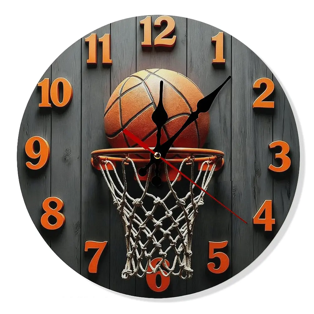 Round Silent Non-Ticking Wooden Basketball Analog Wall Clock - Creative Decorative Wall Art Clock for Boys’ Bedroom, Office, 10/12 in Home Decor Supplies