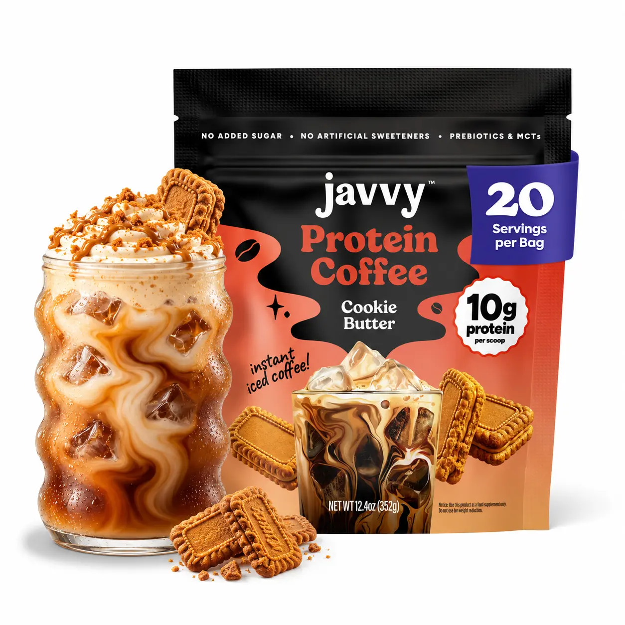 Javvy Cookie Butter Protein Iced Coffee Beverage - Premium Whey Protein Instant Iced Coffee, 100% Natural Cold Brew, 0 Artificial Flavors & Sweeteners, 80mg Caffeine, No Added Sugar, 20 Servings