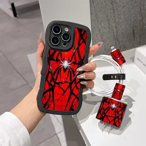 5 Piece Set Spider Phone Case Pattern, Charger Head Cover, Cable Protector, Storage Rope, Anti-Drop Tpu Case for iPhone 6-17 Pro Max