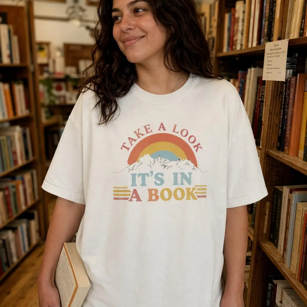 Retro Book Lover Shirt Women Take A Look It's In A Book Rainbow Graphic Tee Plus Size