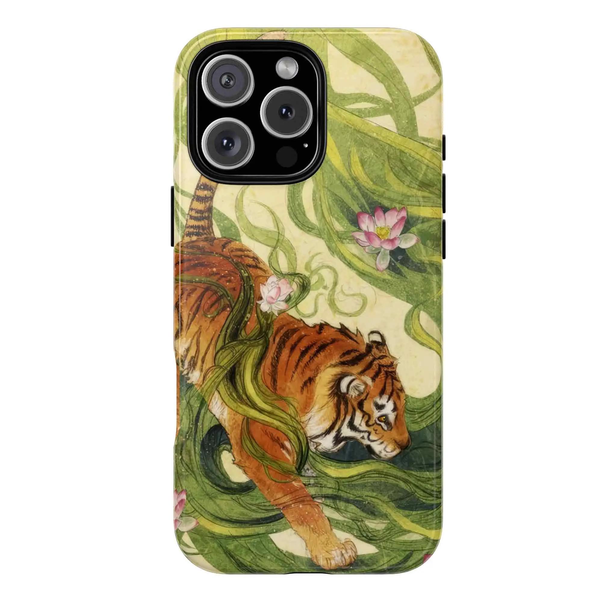 Vintage Chinese Tigers Phone Case for iPhone 17 16 15 14 13 12 11 – Cute Tiger Collage, Japanese Traditional Art Print & Big Cat Aesthetic Durable & Protective Cover Best Gift for Animal Lovers & Tiger Fans!