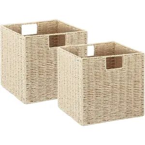 Vagusicc Wicker Storage Basket, Set of 2 Hand-Woven Paper Rope Wicker Baskets, Foldable Cube Storage Bins, Beige Storage Basket, Square Baskets for Organizing Shelves & Decor, Beige(13″*13″*13″)